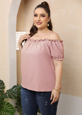 Plus Size Women Ruffled off-Shoulder Sexy Casual Sweet Short-Sleeved T-shirt
